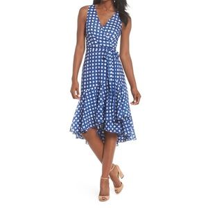 Eliza J Ruffle Hem High-low Blue Gingham Wrap Dress